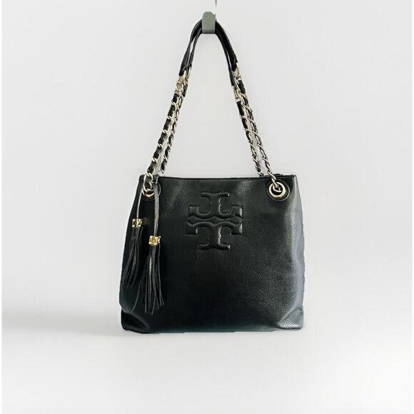 Tory Burch Thea Black Leather Slouchy Bridle Gold Chain Tote Shoulder Bag Purse - Picture 2 of 16